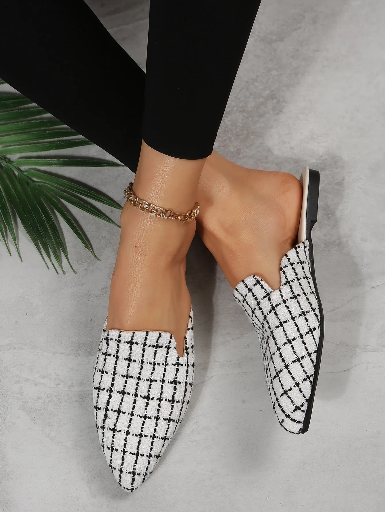 Women Plaid Pattern Point Toe Flat Mules, Elegant Outdoor Flats