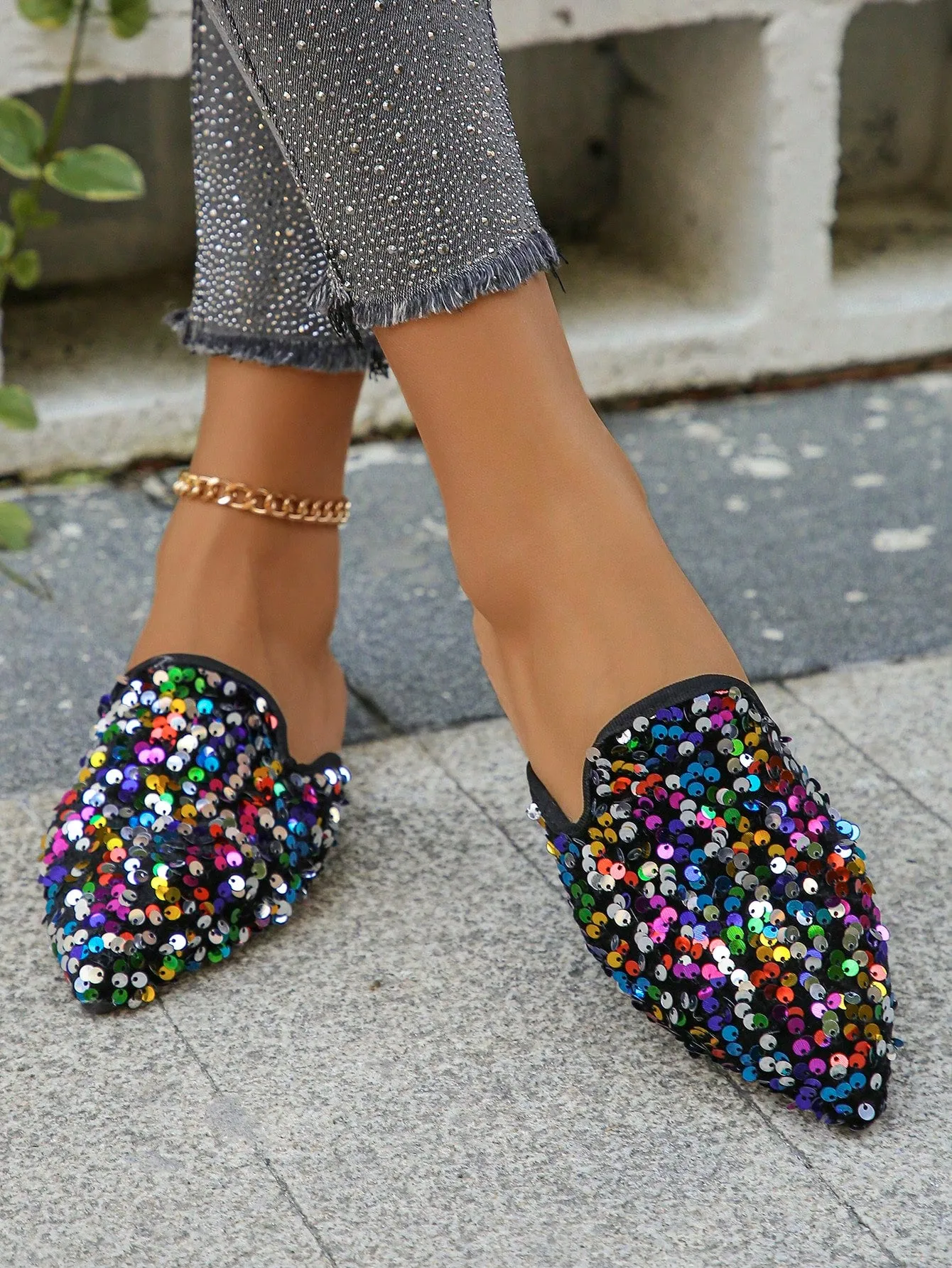 Women Plaid Pattern Point Toe Flat Mules, Elegant Outdoor Flats