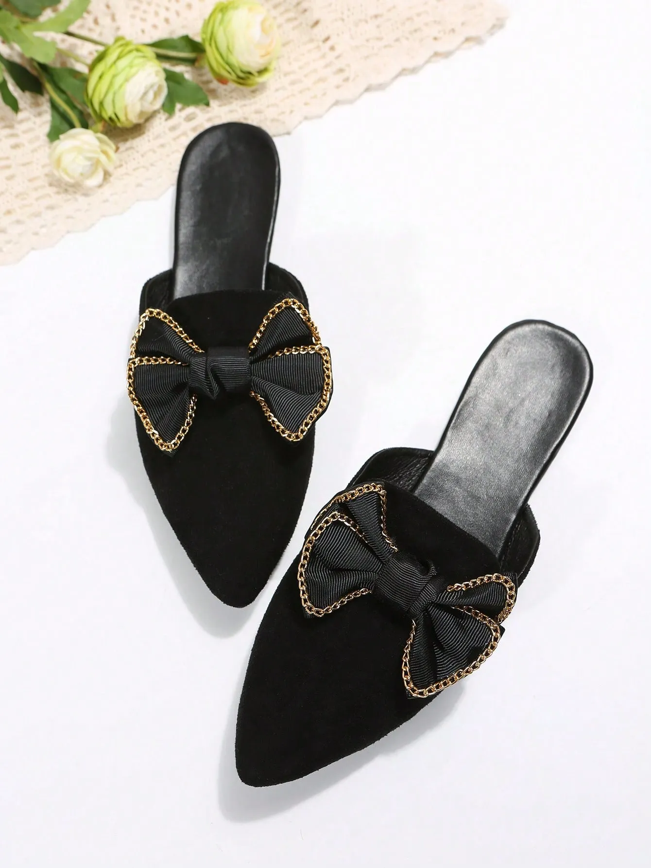 Women Plaid Pattern Point Toe Flat Mules, Elegant Outdoor Flats