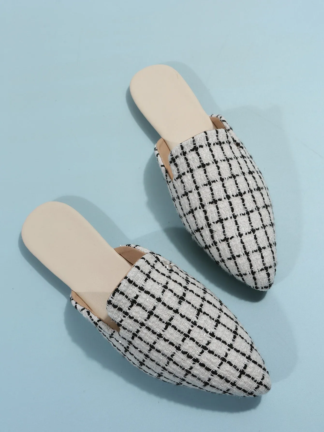 Women Plaid Pattern Point Toe Flat Mules, Elegant Outdoor Flats