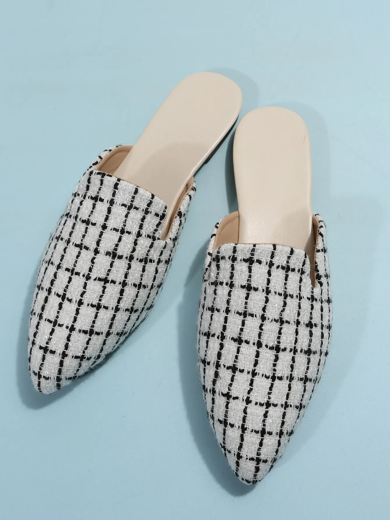 Women Plaid Pattern Point Toe Flat Mules, Elegant Outdoor Flats