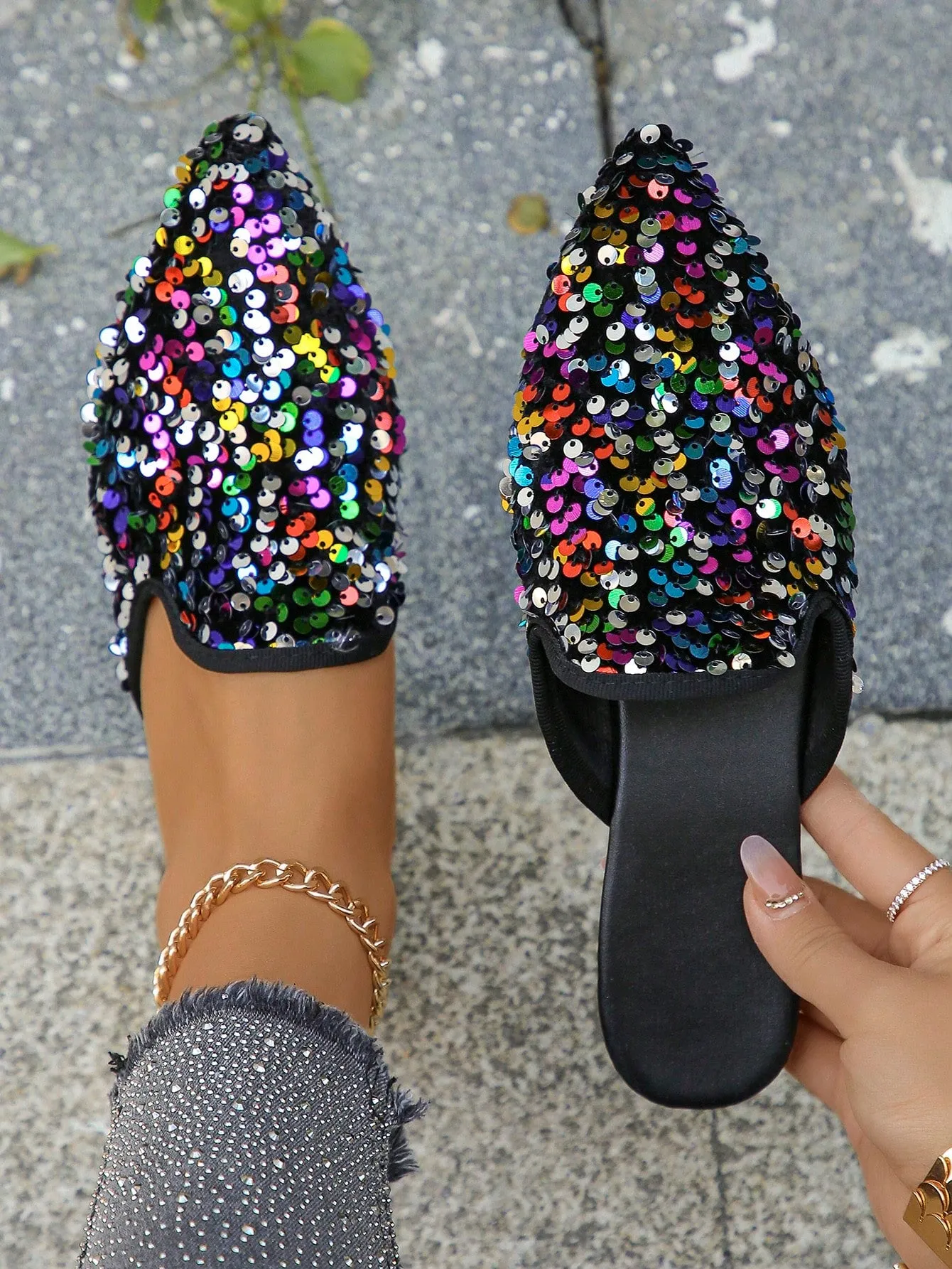 Women Plaid Pattern Point Toe Flat Mules, Elegant Outdoor Flats