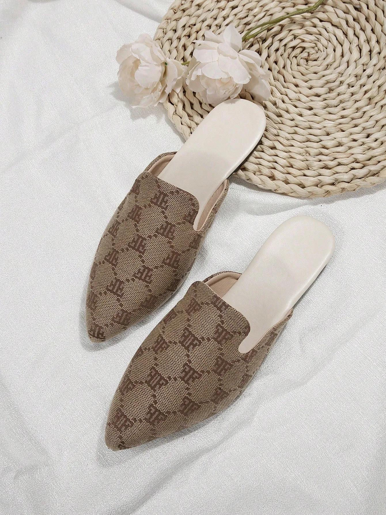 Women Plaid Pattern Point Toe Flat Mules, Elegant Outdoor Flats