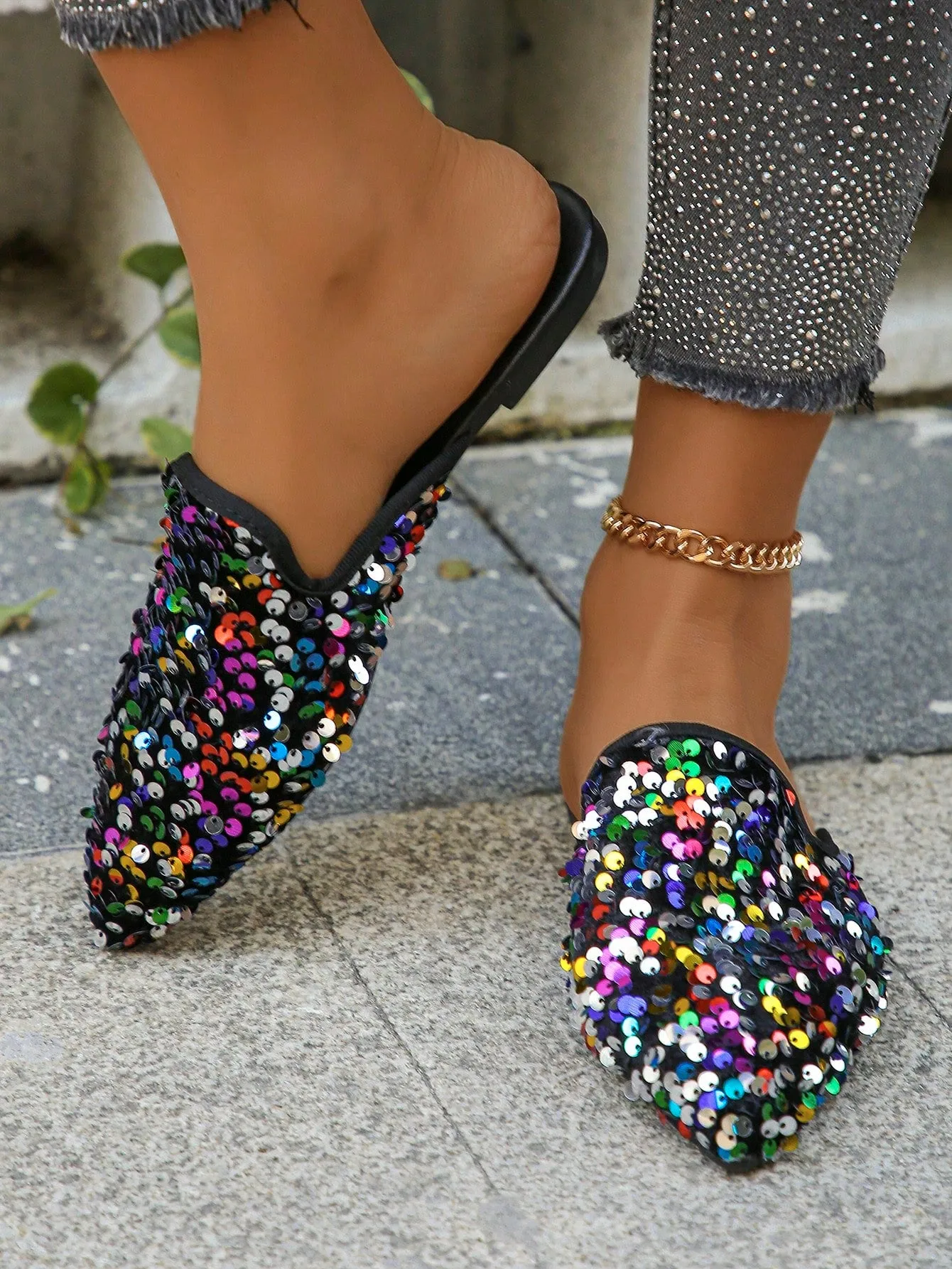 Women Plaid Pattern Point Toe Flat Mules, Elegant Outdoor Flats
