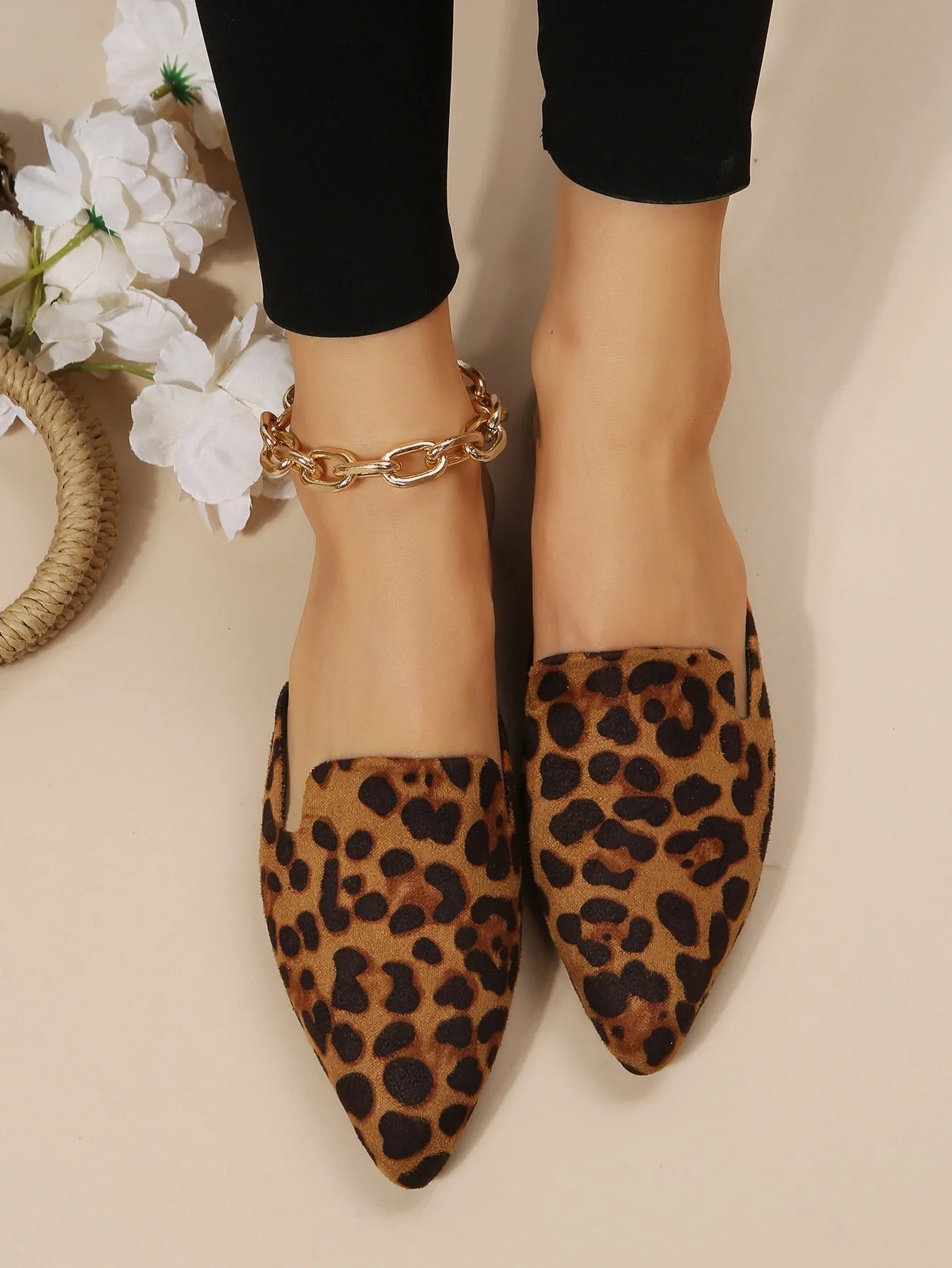 Women Plaid Pattern Point Toe Flat Mules, Elegant Outdoor Flats