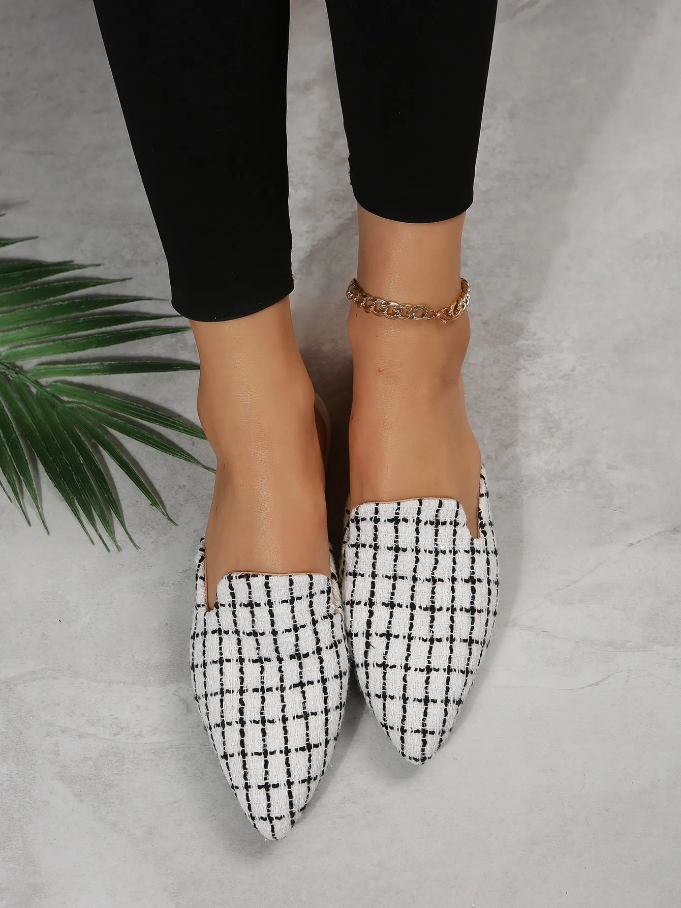Women Plaid Pattern Point Toe Flat Mules, Elegant Outdoor Flats