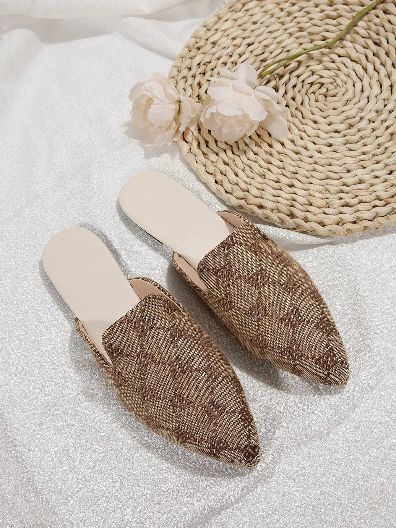 Women Plaid Pattern Point Toe Flat Mules, Elegant Outdoor Flats