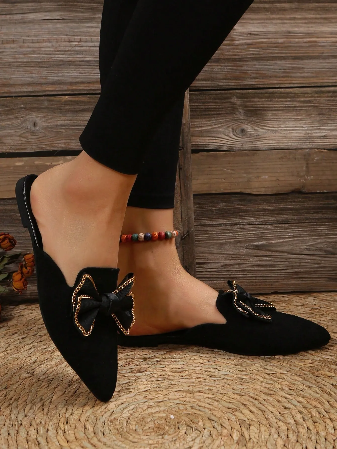 Women Plaid Pattern Point Toe Flat Mules, Elegant Outdoor Flats