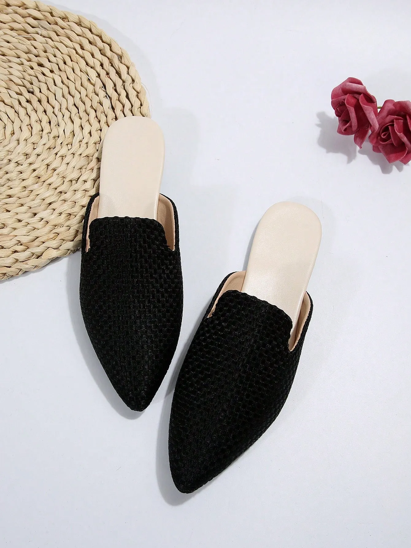 Women Plaid Pattern Point Toe Flat Mules, Elegant Outdoor Flats