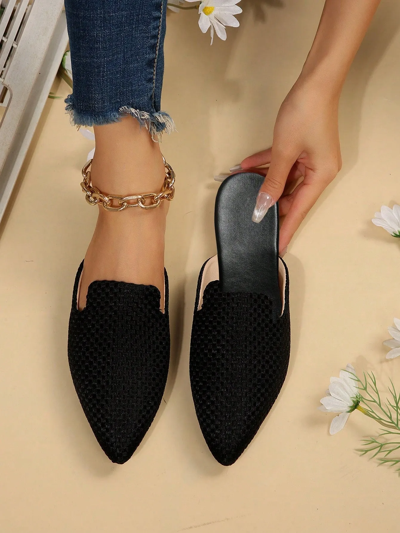 Women Plaid Pattern Point Toe Flat Mules, Elegant Outdoor Flats
