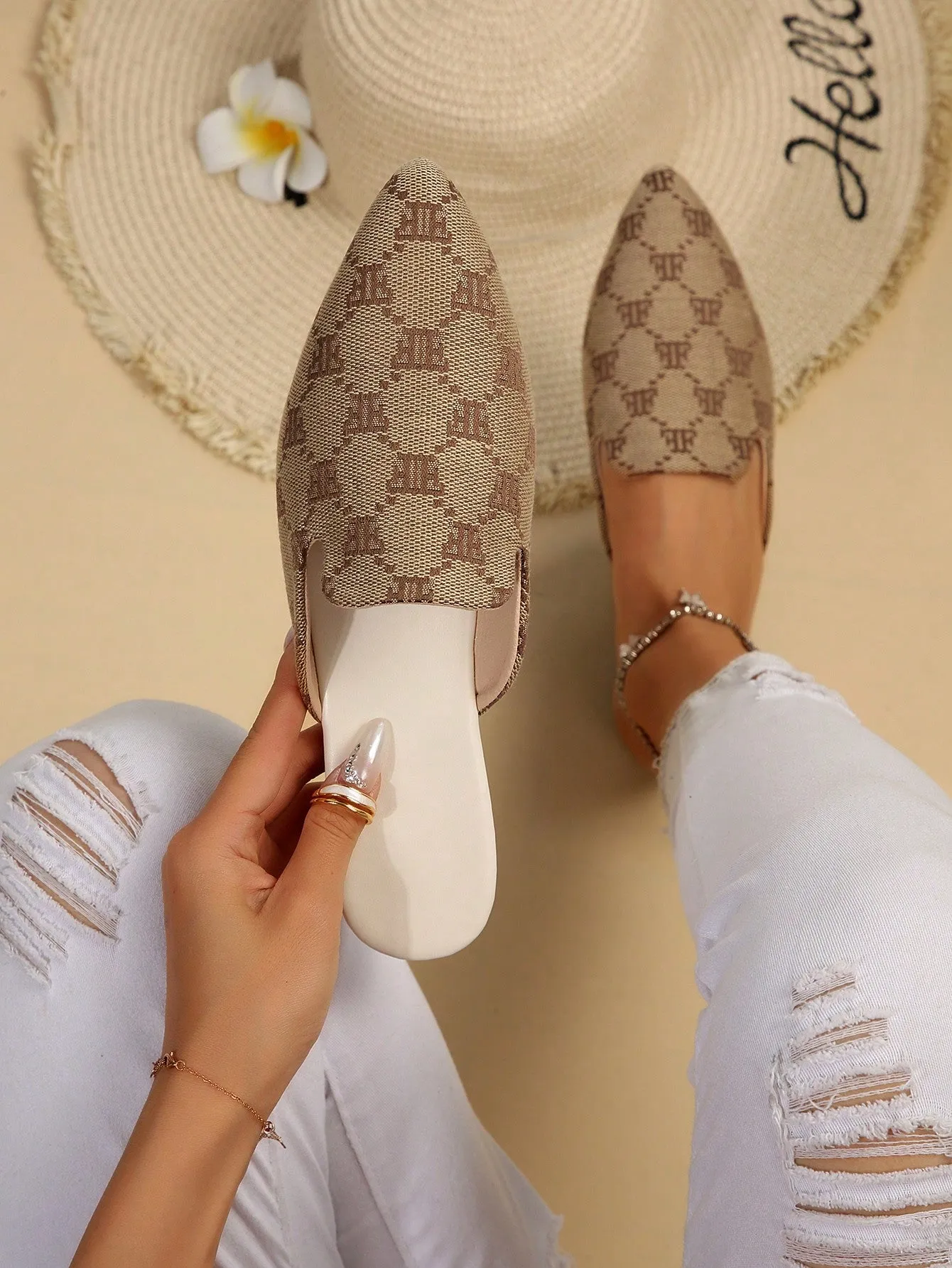 Women Plaid Pattern Point Toe Flat Mules, Elegant Outdoor Flats