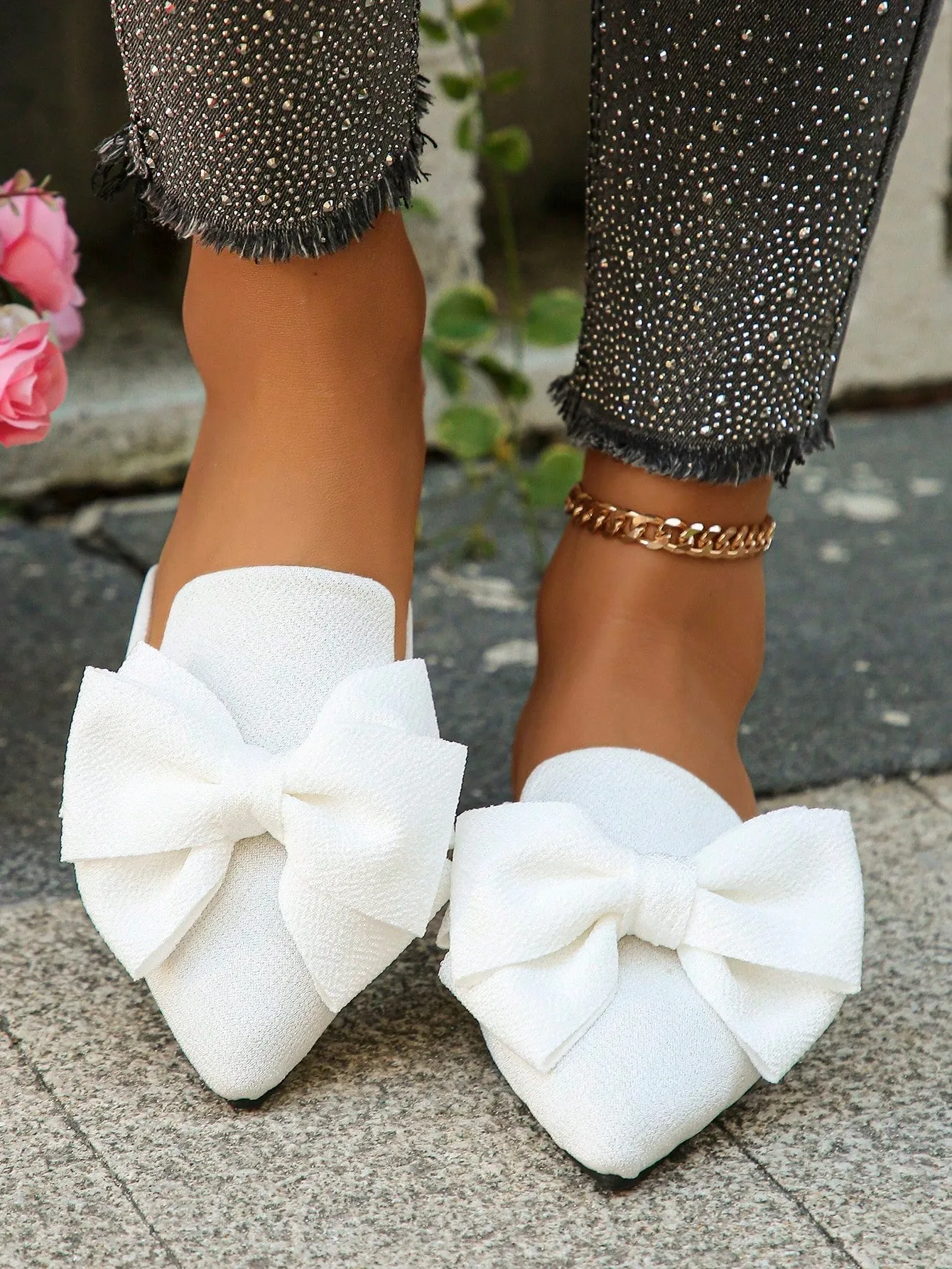 Women Plaid Pattern Point Toe Flat Mules, Elegant Outdoor Flats