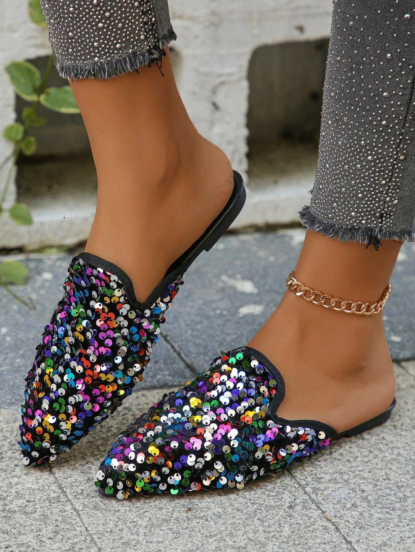 Women Plaid Pattern Point Toe Flat Mules, Elegant Outdoor Flats