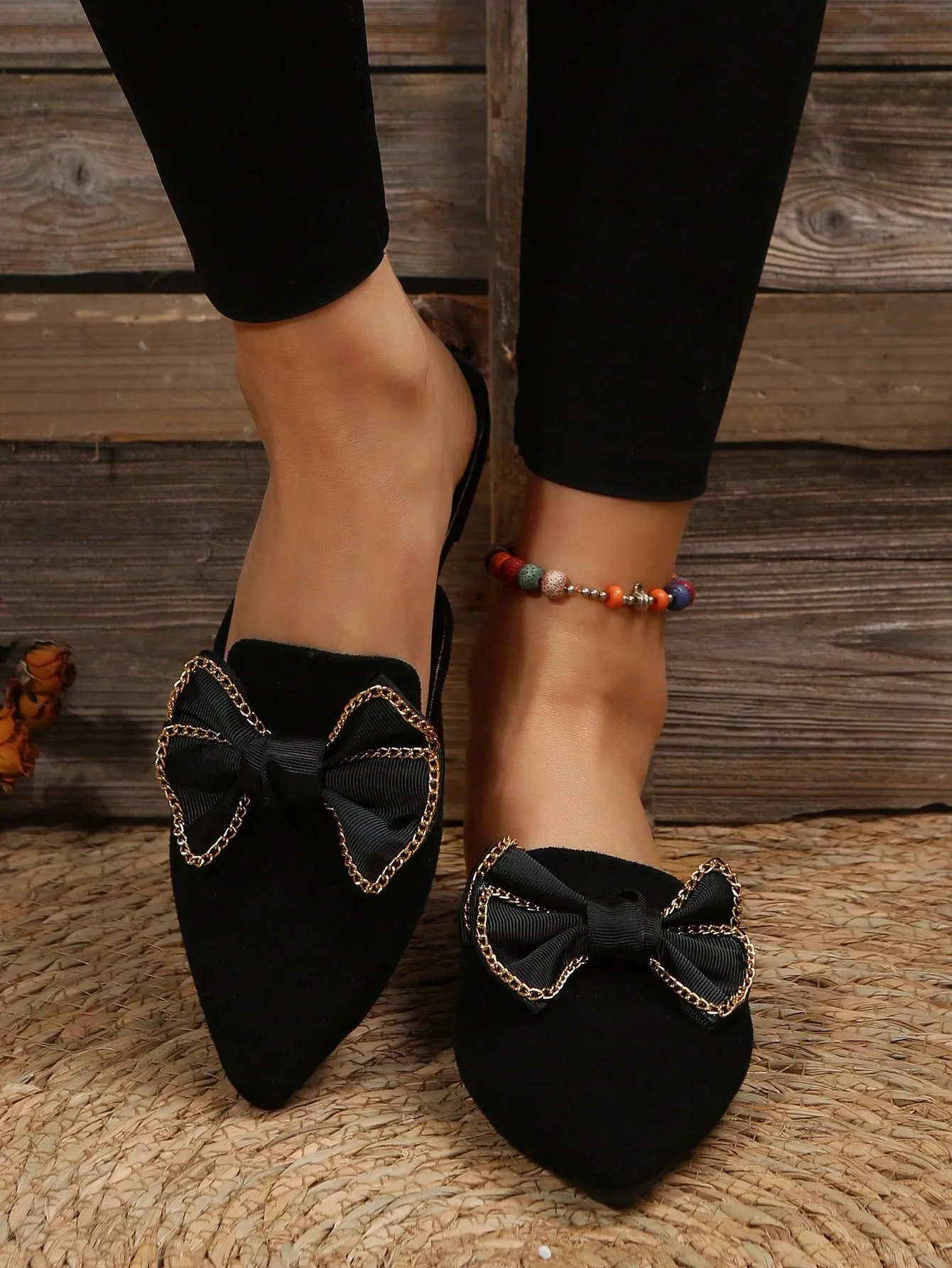 Women Plaid Pattern Point Toe Flat Mules, Elegant Outdoor Flats