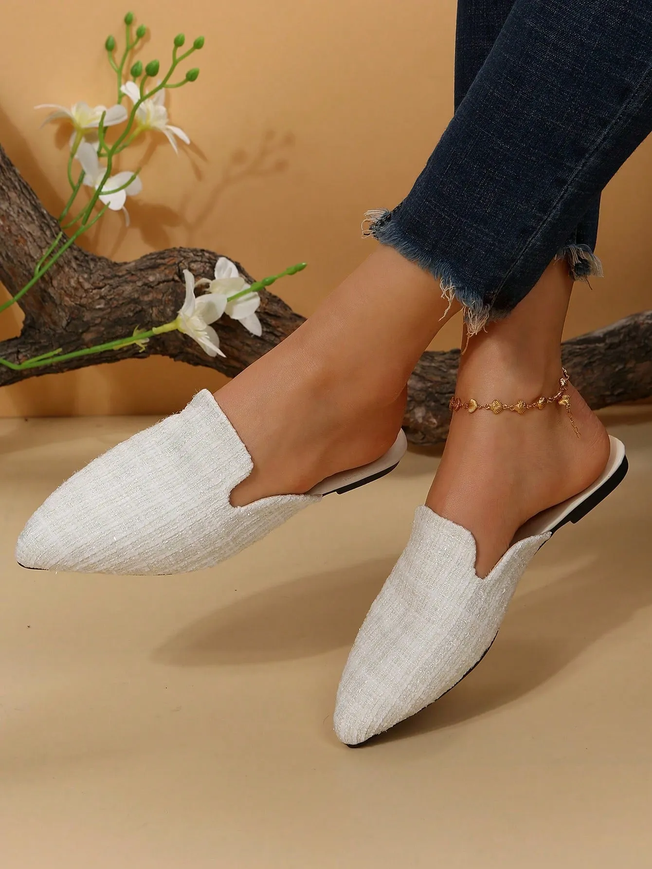 Women Plaid Pattern Point Toe Flat Mules, Elegant Outdoor Flats