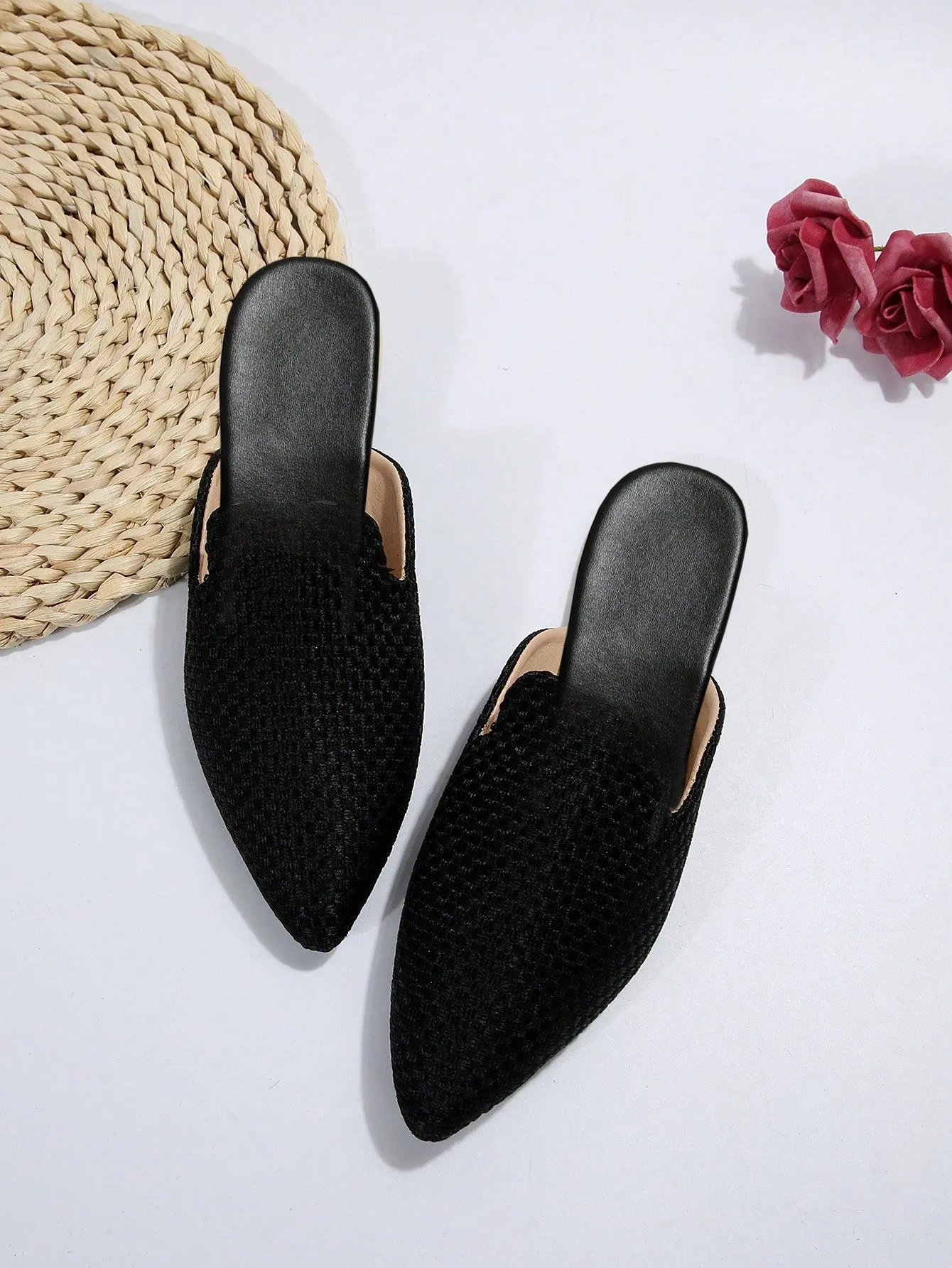 Women Plaid Pattern Point Toe Flat Mules, Elegant Outdoor Flats