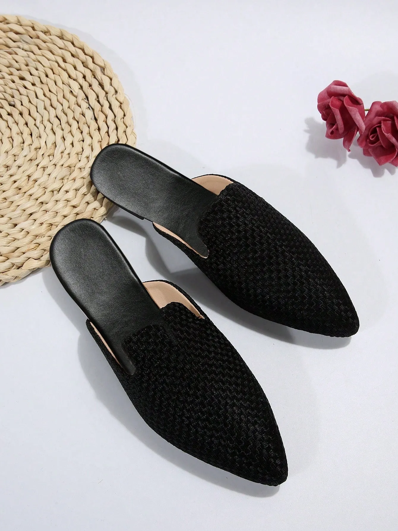 Women Plaid Pattern Point Toe Flat Mules, Elegant Outdoor Flats