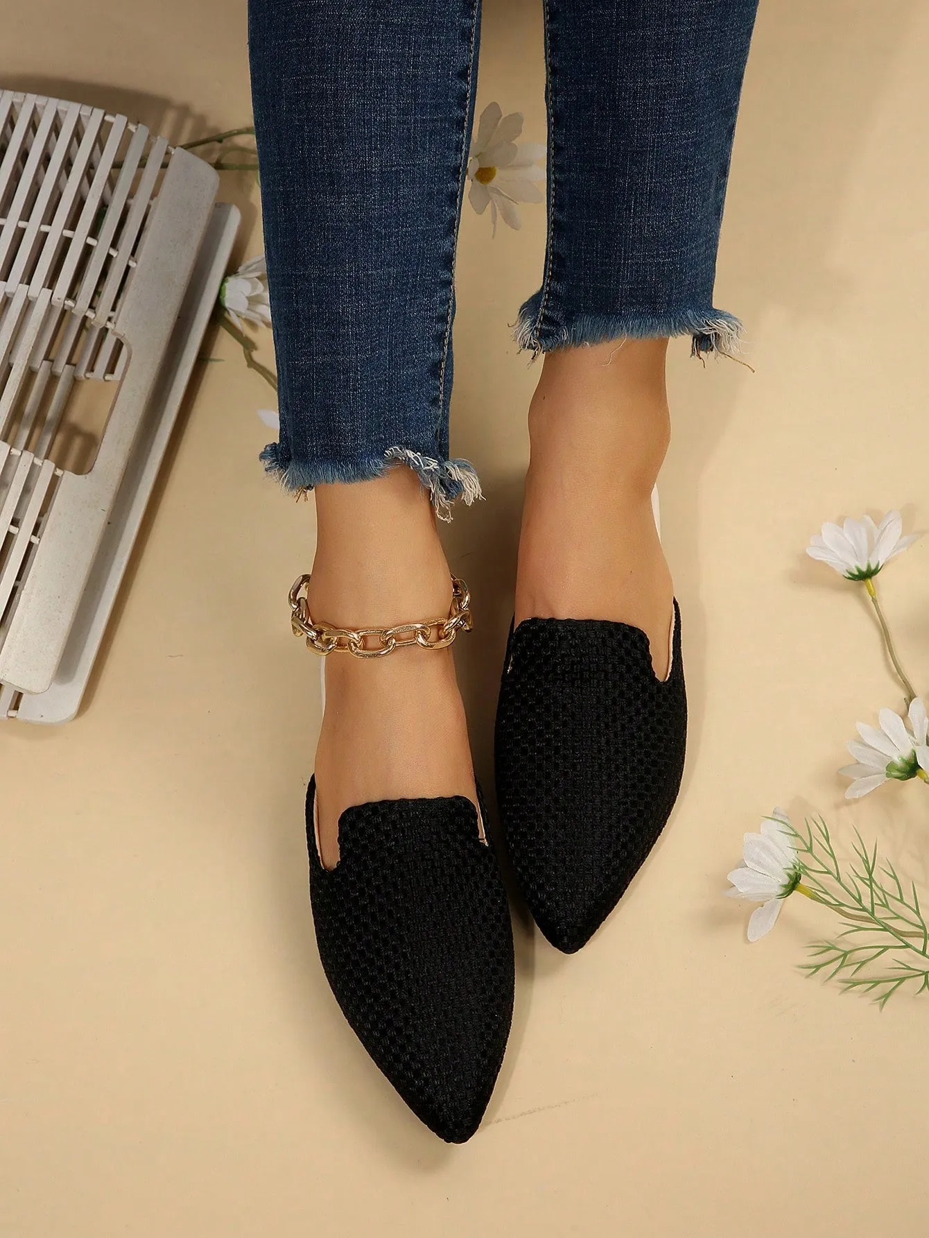 Women Plaid Pattern Point Toe Flat Mules, Elegant Outdoor Flats