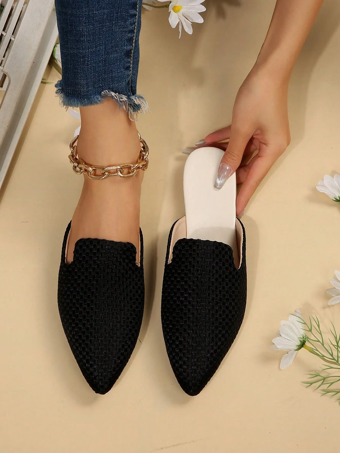 Women Plaid Pattern Point Toe Flat Mules, Elegant Outdoor Flats