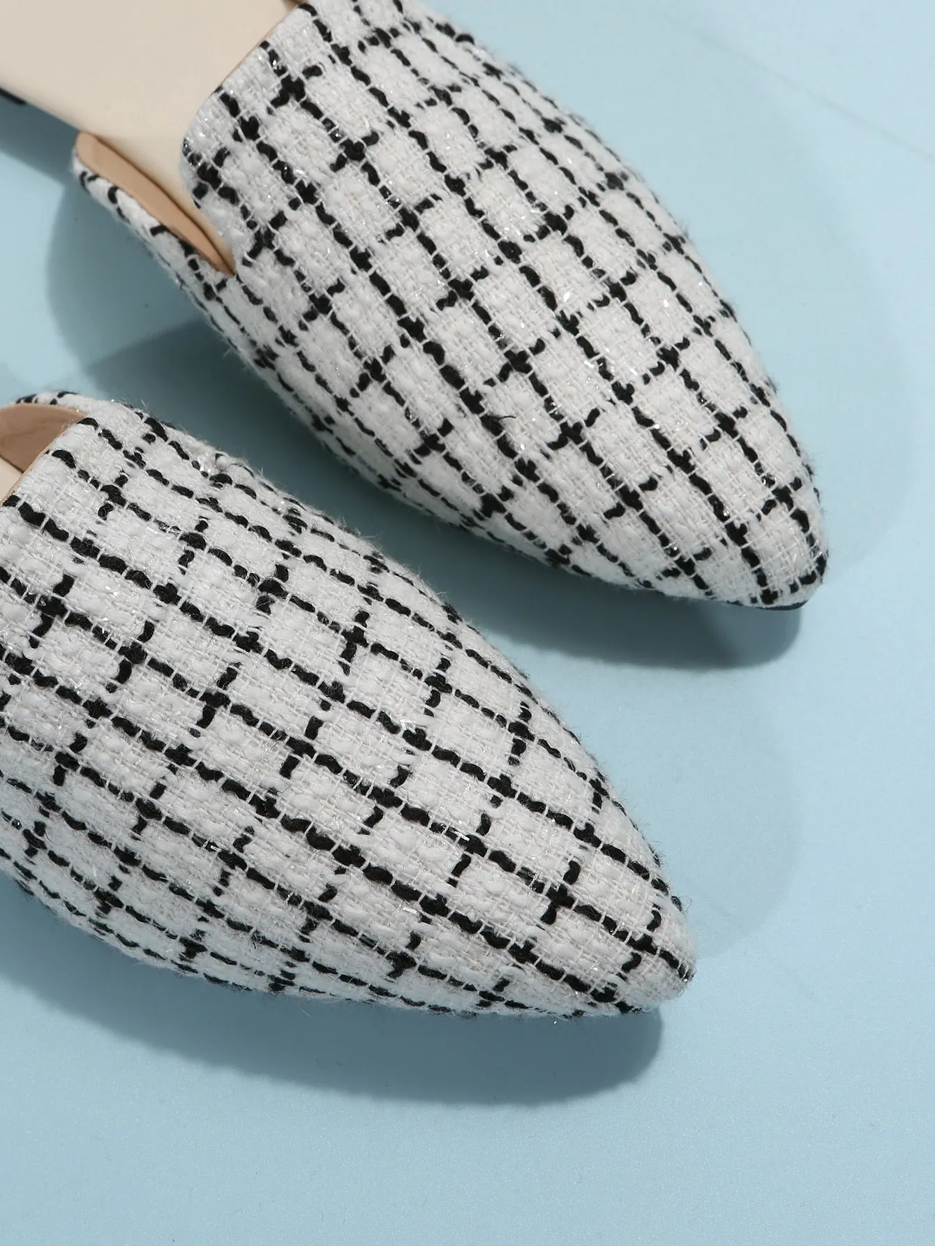 Women Plaid Pattern Point Toe Flat Mules, Elegant Outdoor Flats