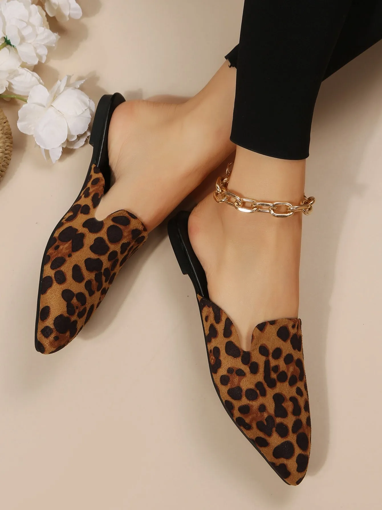 Women Plaid Pattern Point Toe Flat Mules, Elegant Outdoor Flats