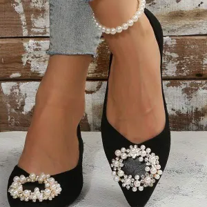 Women's Pointed-Toe Black Flats with Pearl Embellishments 23224809C
