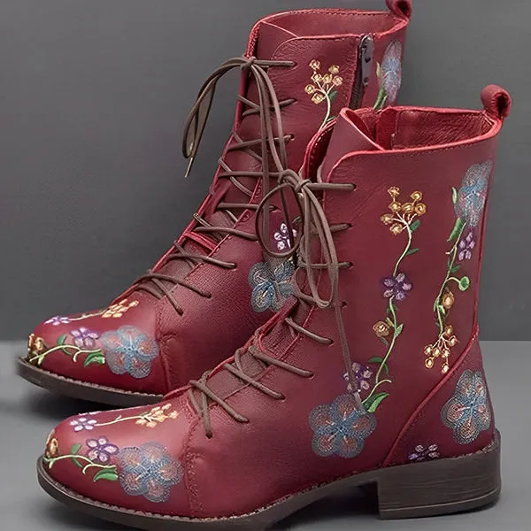Women's Vintage Embroidered Mid-Calf Martin Boots 28659742S