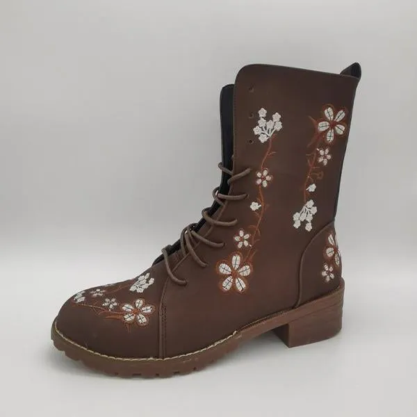 Women's Vintage Embroidered Mid-Calf Martin Boots 28659742S
