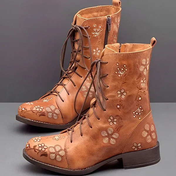 Women's Vintage Embroidered Mid-Calf Martin Boots 28659742S