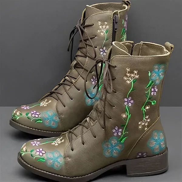 Women's Vintage Embroidered Mid-Calf Martin Boots 28659742S