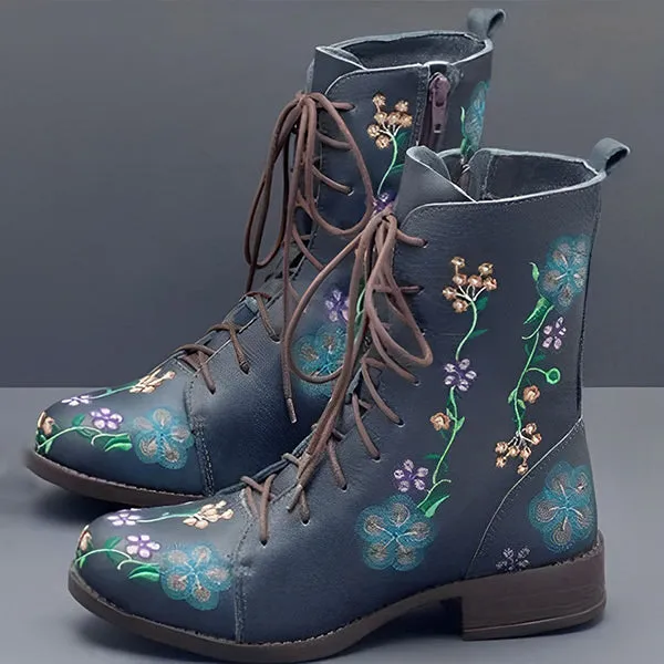 Women's Vintage Embroidered Mid-Calf Martin Boots 28659742S